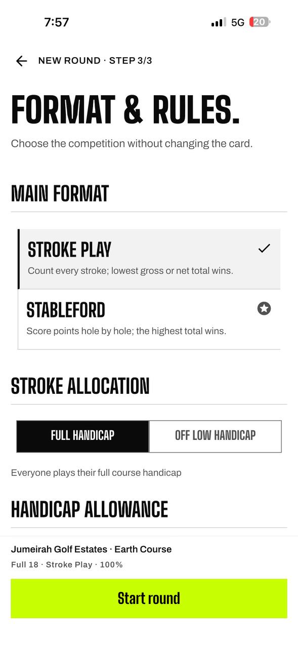 New round step 3 — format and rules: Stroke Play or Stableford, stroke allocation, handicap allowance