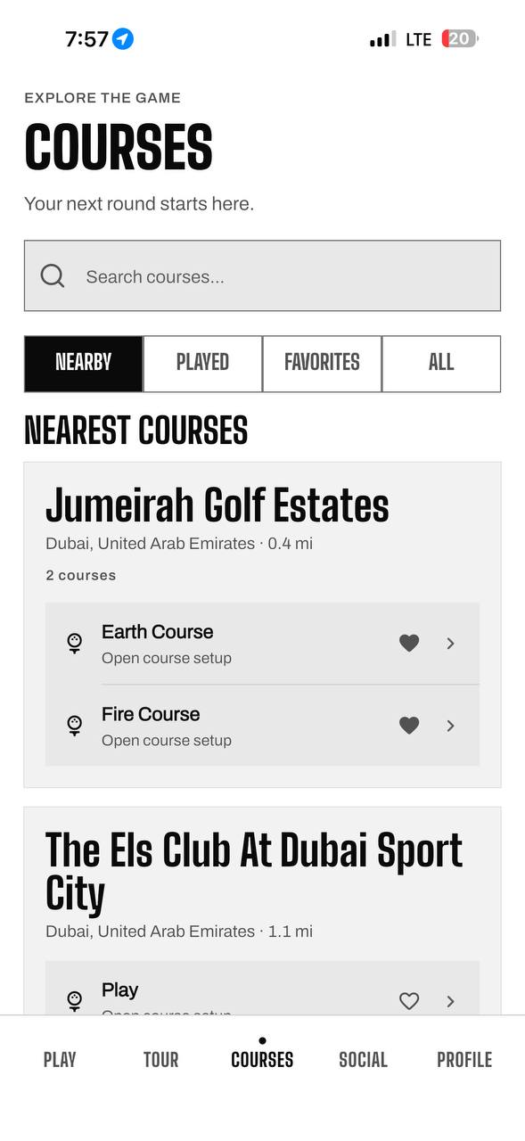 Courses — search, Nearby, Played, Favorites, All; Jumeirah Golf Estates with Earth and Fire courses