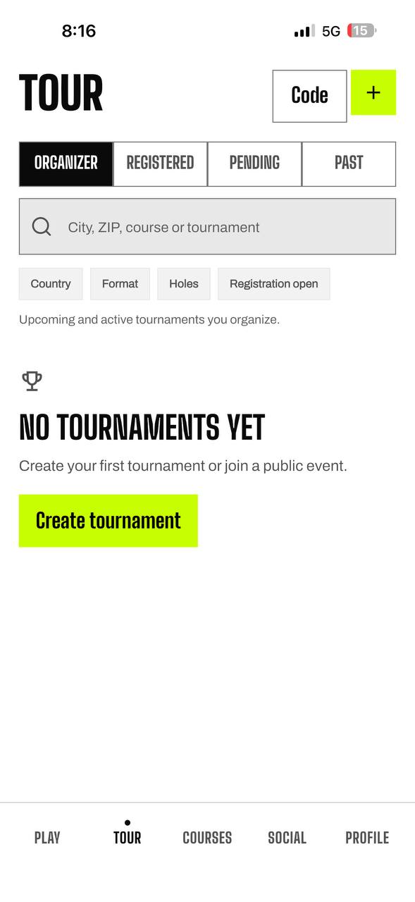 Tour — Organizer, Registered, Pending, Past; create tournament or join with code