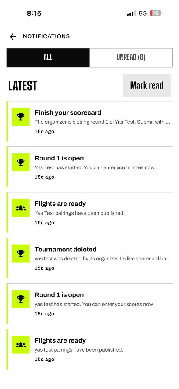 Notifications — finish your scorecard, round is open, flights are ready
