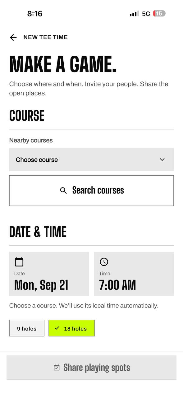 New tee time — Make a game: course, date and time, 9 or 18 holes