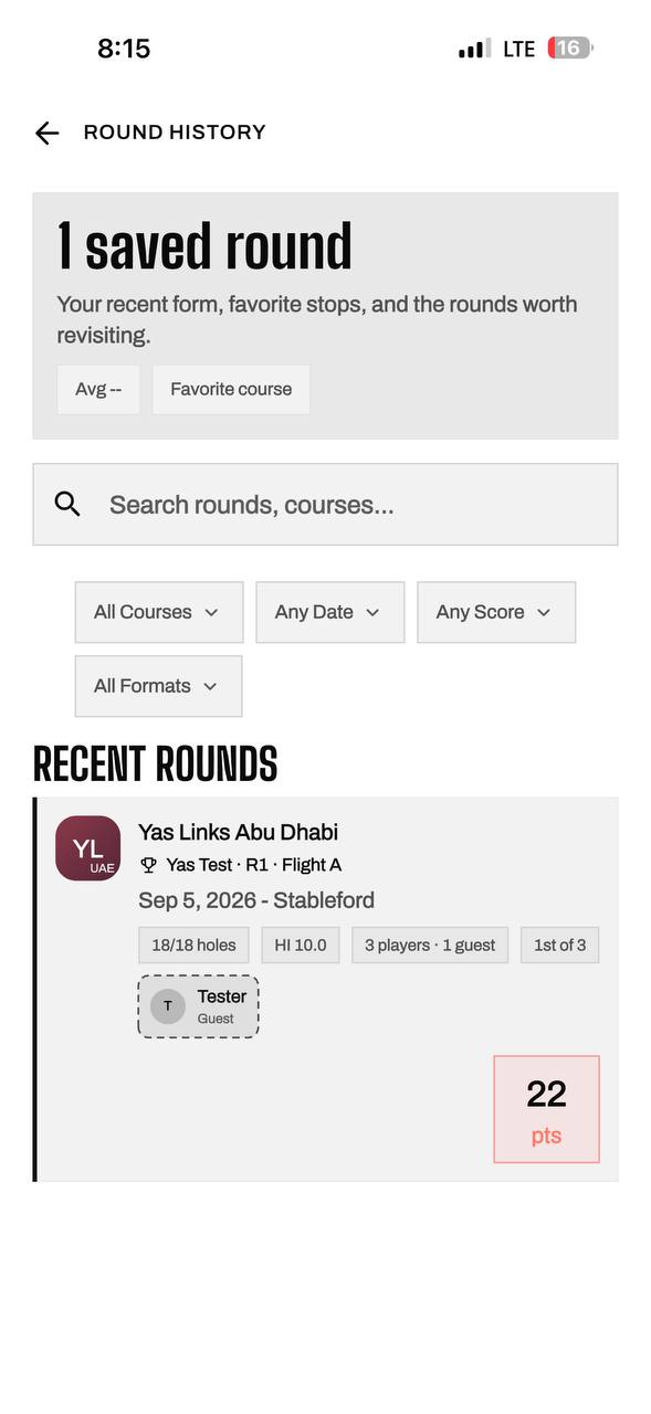 Round history — saved rounds, search and filters, recent rounds with Stableford points