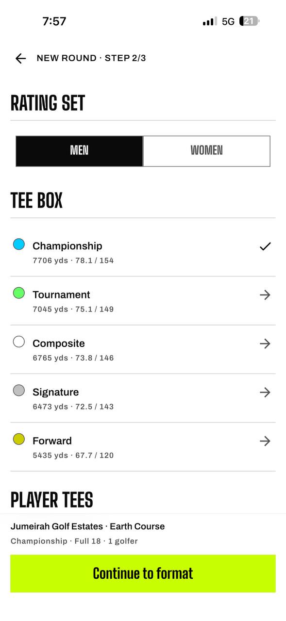 New round step 2 — rating set and tee box selection with yardage, rating and slope