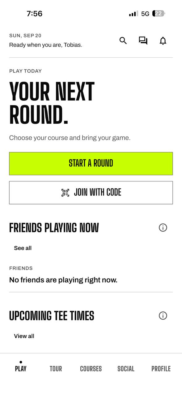 Ghoolf Play home — Your next round, Start a round, Join with code, friends playing now and upcoming tee times