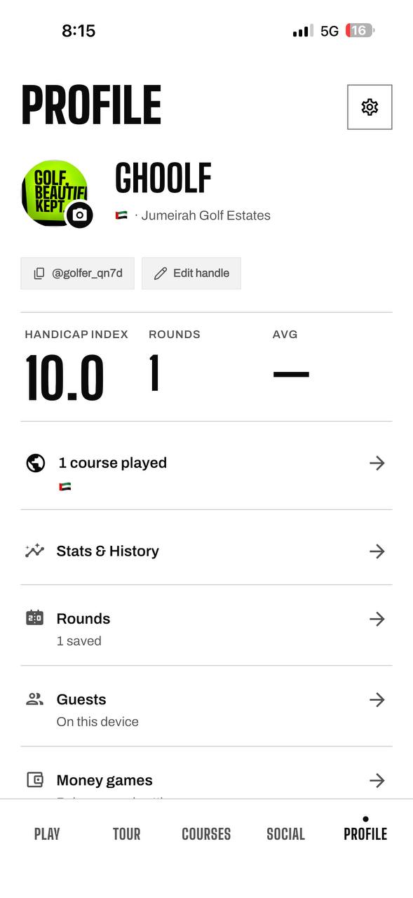 Profile — handicap index, rounds, average, courses played, stats and history, guests, money games
